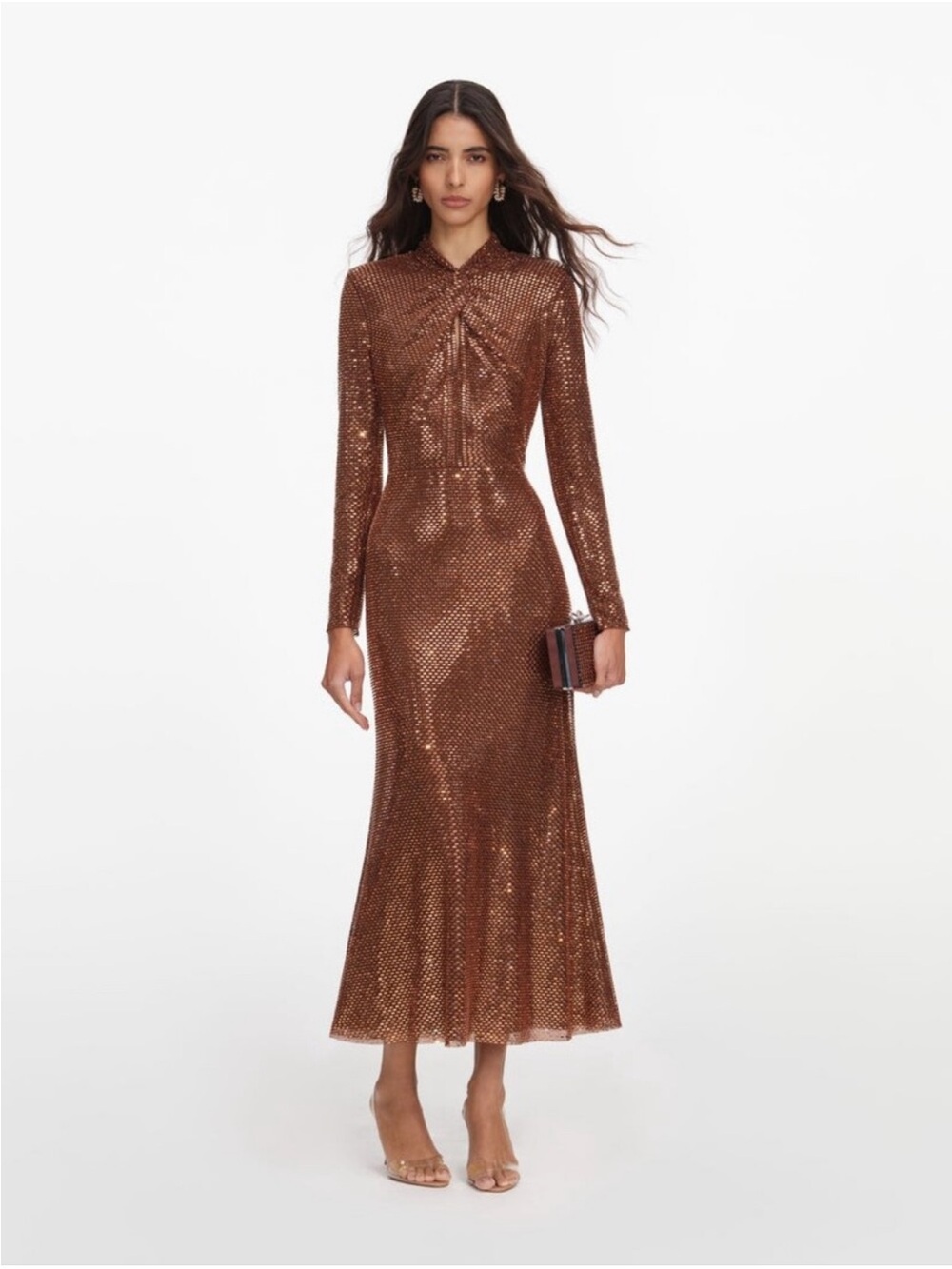 Self-Portrait Copper Sequin Long-Sleeve Midi Dress